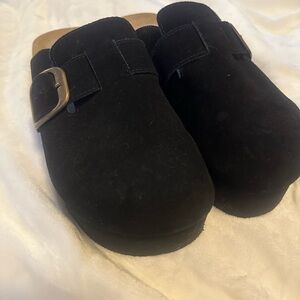 Black Suede Slip-On Buckle Clog